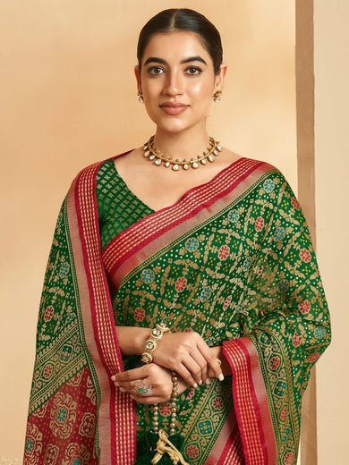 Beautiful Green Patola Printed Silk Traditional Saree With Blouse